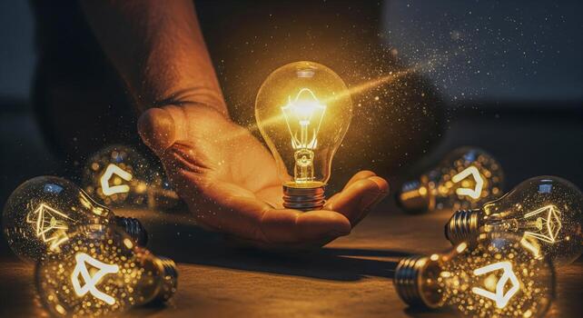Hand Holding Illuminated Bulb Among Multiple Bulbs photo