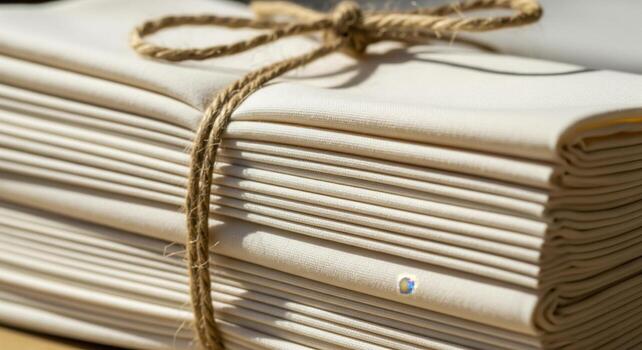 Stack Of Folded Beige Cloths Tied With Rope photo