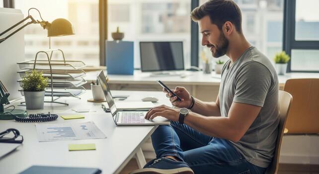 Man Working Efficiently In Modern Office Environment photo