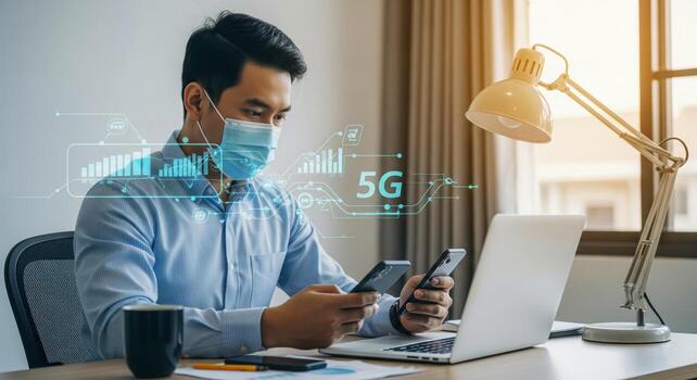 empresario utilizando 5g tecnología para remoto trabajo foto