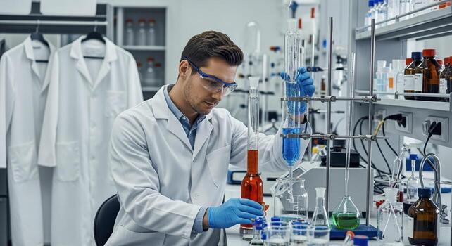 Scientist Man Conducting Experiment In Modern Laboratory photo