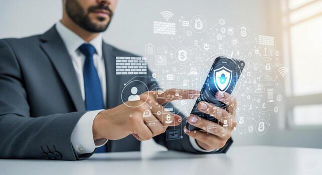 Businessman Utilizing Smartphone For Data Security Visualization photo