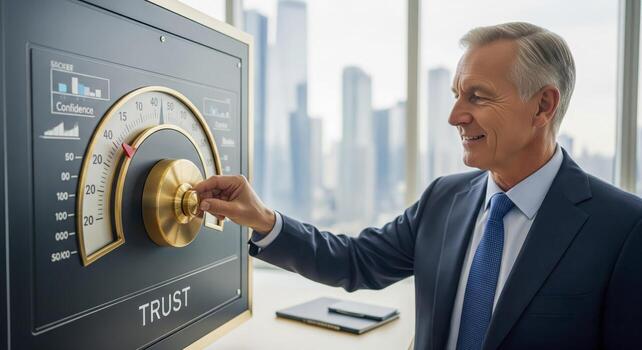 Businessman Adjusting Trust Level On Meter photo