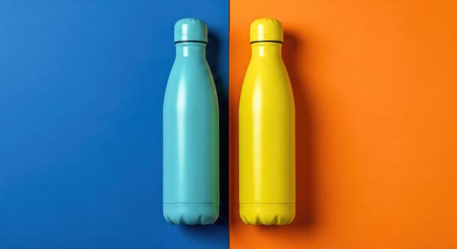 Colorful Reusable Bottles On Vibrant Background photo