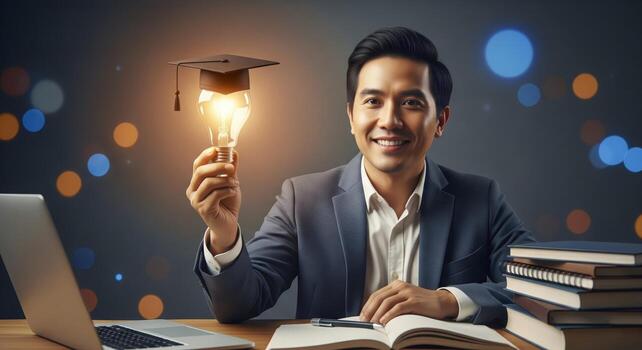 Man Holding Light Bulb With Graduation Cap photo