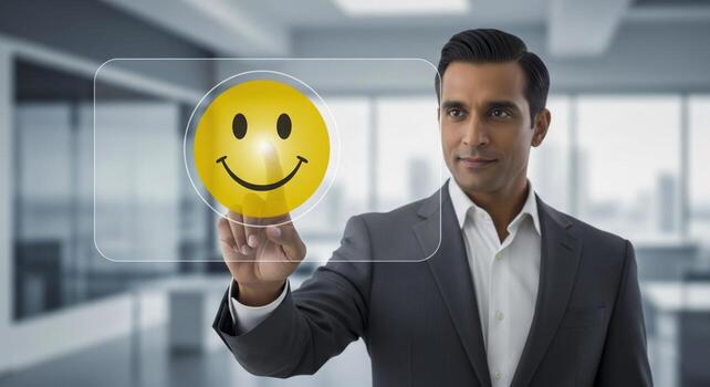 Smiling Man Touching Virtual Happy Face photo