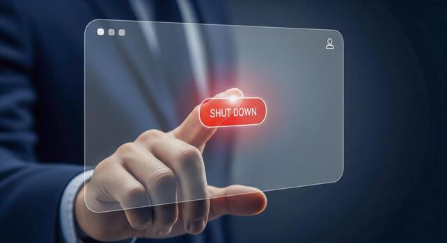 Businessman Interacts With Virtual Shut Down Button photo