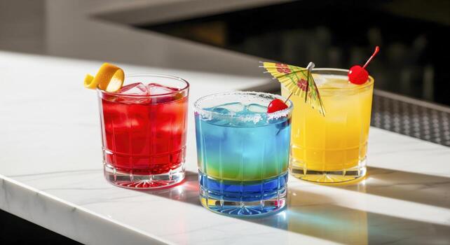 Colorful Cocktails Displayed On A Bar Counter photo