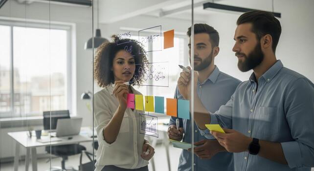 Team Collaborating On Glass Board In Office photo