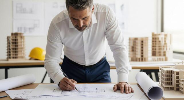 Architect Designing Blueprint In Modern Office photo