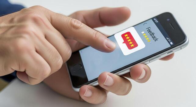 Hand Giving Five Star Rating On Smartphone photo