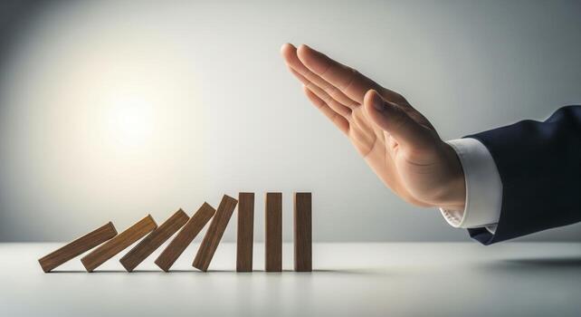 Hand Stops Falling Dominoes Demonstrating Intervention photo