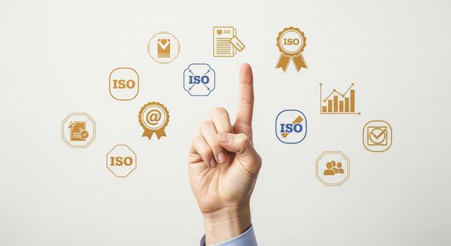 Hand Pointing Towards Multiple ISO Certification Icons photo