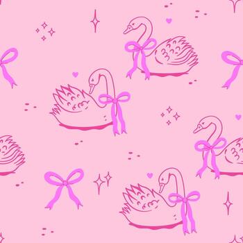 Pink pattern with swans with bows. graphics. vector