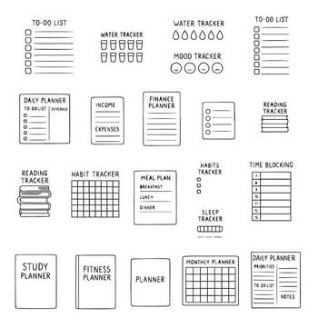 illustration of various organizational planners and trackers including to-do lists, habit trackers and monthly planners. This set is perfect for improving productivity and organization. vector