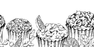 Cupcakes and muffins topped with sugar crystals, bonbon glaze, mint sprigs, and citrus slices with chocolate chip garnish. Hand drawn in ink. Isolated seamless cooking banner border header vector