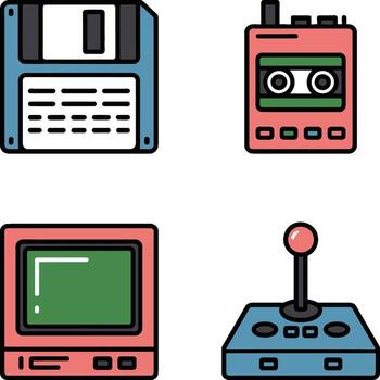 Retro 80s Tech Icons Floppy Disk Cassette Tape Computer Joystick vector