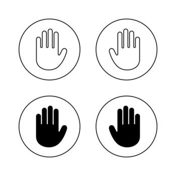 Hand stop icon in circular outline. Raised palm alert symbol. Denial gesture concept vector