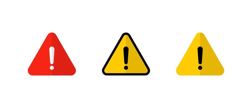 Warning icon set in flat design. Caution and alert triangle sign. Danger and hazard symbol vector