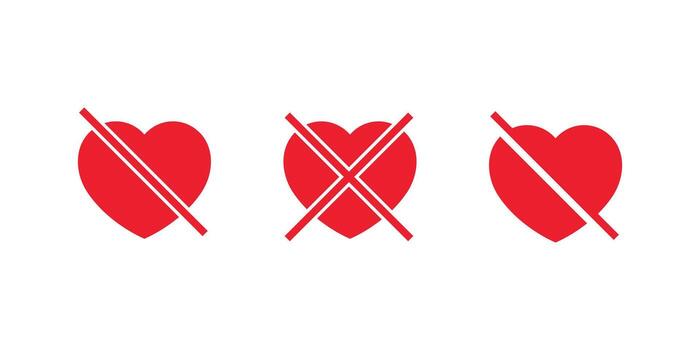 No love icon set in flat design. Heart with cross and slash symbol vector