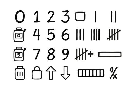 Hand drawn numbers and counting doodle icons set. Tally marks, stopwatch and math symbols sketch collection. Playful doodle of numbers and measurement icons illustration pack vector