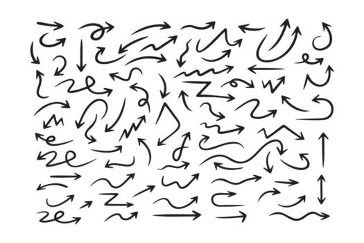 Arrow doodle element design set. Line directions symbol sign pack. Set of playful arrows illustration. Curved, zigzag, circular, and wavy arrows for packaging and decoration vector