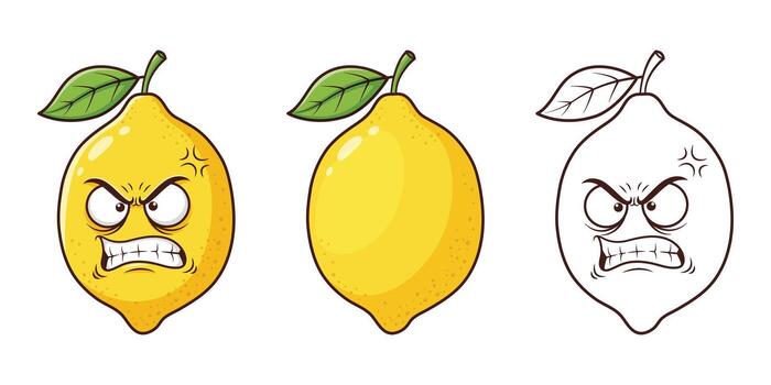 Angry Lemon Cartoon Character Illustration, Three Versions, Color, Simple, and Outlined vector