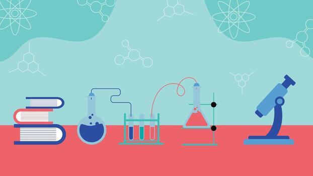 Creative science background featuring books lab equipment test tubes flasks and microscope with modern abstract chemistry symbols for education and research themes vector