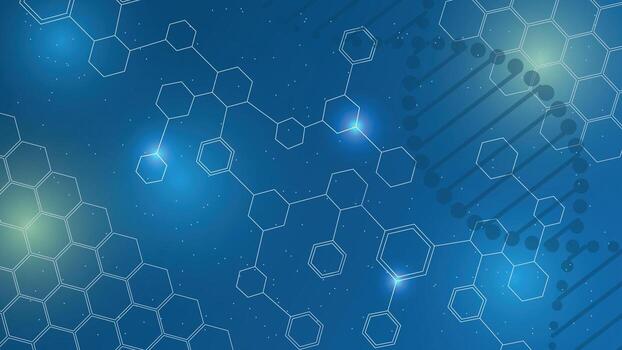 Modern science background featuring glowing hexagon shapes molecular structures dna strand and abstract connections on a blue space theme for research and technology concepts vector
