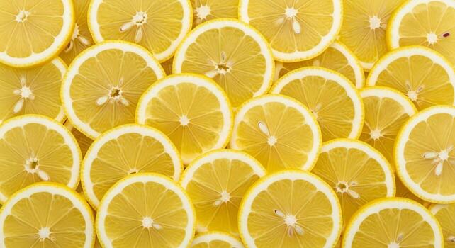 Overhead view of vibrant yellow lemon slices creating a textured pattern photo