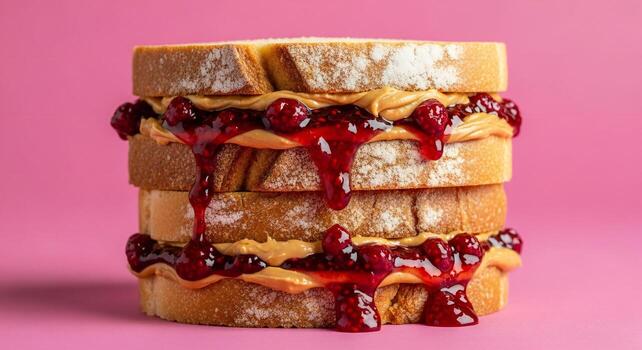 Stack of peanut butter and jelly sandwiches with dripping raspberry jam on a pink background photo