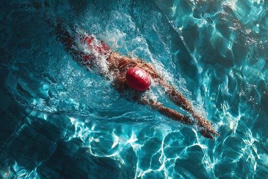 dinámica gastos generales Disparo de un nadador en un rojo gorra haciendo salpicaduras en un vibrante azul piscina con iluminado por el sol agua patrones. foto