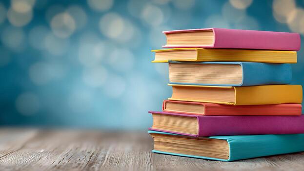 Stack of Colorful Books on Wooden Surface with Bokeh Background photo