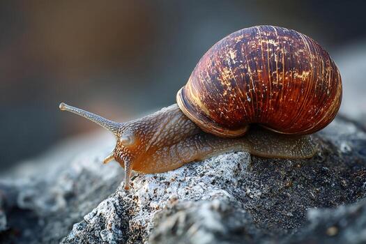 Detailed Macro of a Snail with a Gilded Shell Traversing a Rough Rock photo