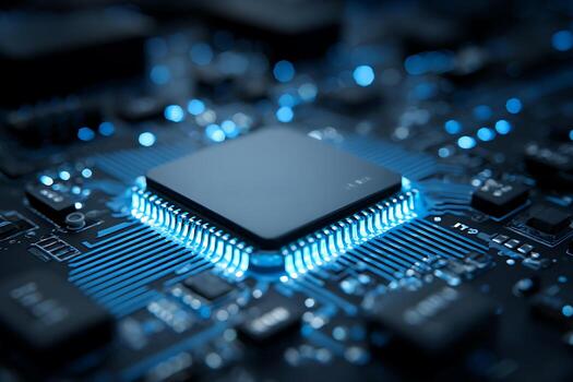 Central processing unit CPU glowing with vibrant blue light on a dark computer circuit board. photo