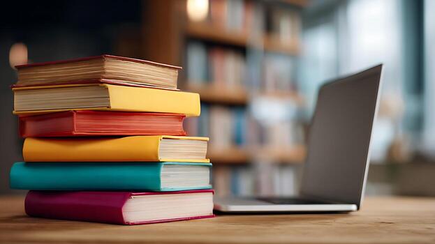 Stack of Colorful Books with Laptop on Wooden Desk in Library Setting photo