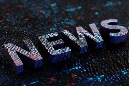 Digital NEWS text in 3D with a futuristic red and blue pixel texture on a dark technological background. photo
