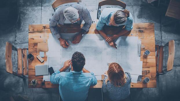 Overhead view of four architects collaborating on blueprints at a rustic wooden table in a modern office. photo