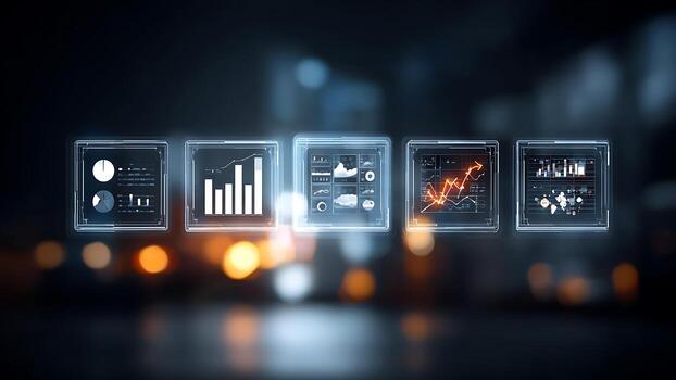 Digital data visualization screens with charts and graphs on dark bokeh background photo