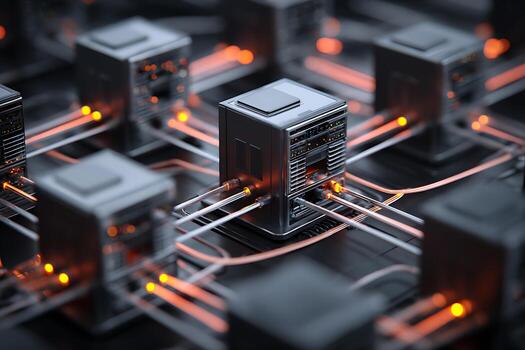 Luminous Data Streams Connecting a Network of Futuristic Server Cubes photo