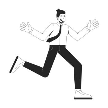 Smiling businessman running energetically with open arms 2D line character. Office sprint. Caucasian male employee enthusiasm isolated ink outline person. Monochromatic spot illustration vector
