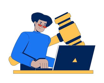 Man with gavel working on laptop vector