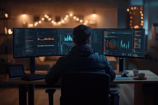 A man sitting at a desk with two computer screens photo