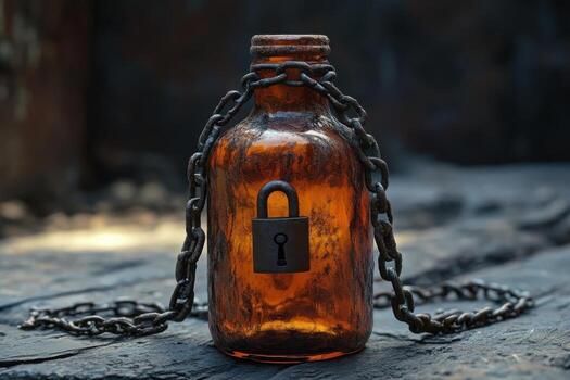 An old bottle with a chain and padlock photo