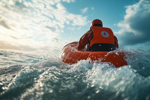 A person in an orange life jacket riding on an inflatable raft photo