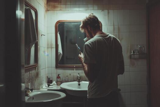A man standing in front of a bathroom mirror photo
