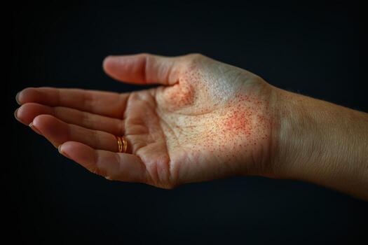 A person with red spots on their palm photo