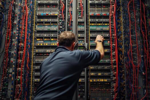 A man is working on a server rack photo