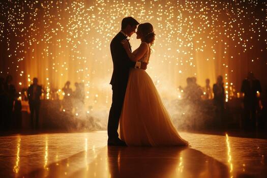A bride and groom are standing in front of a dance floor with lights photo