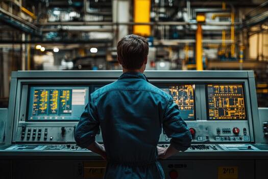 A man in a blue shirt standing in front of a control panel photo